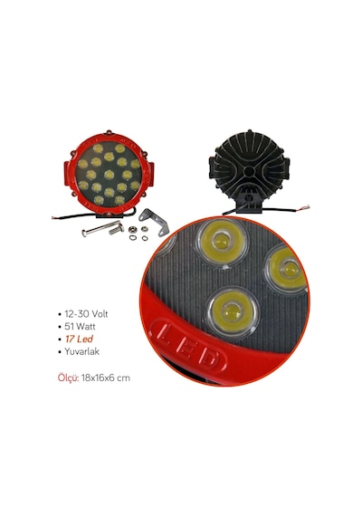 Off Road Sis Lambası 17 Ledli 51 Watt Kırmızı 4x4 Yayıcı Sis Farı