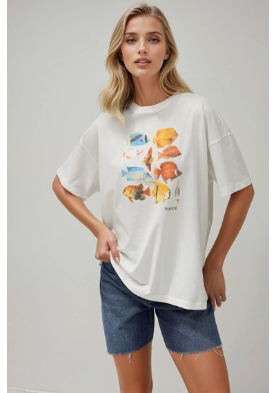Hiccup Kadın %100 Pamuk Bisiklet Yaka Oversize Beyaz Baskılı T-shirt