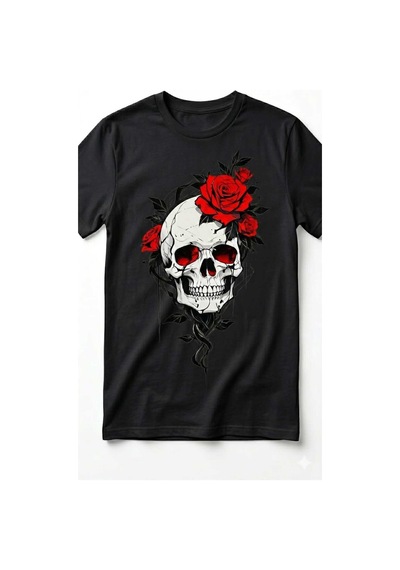 Erkek Kuru Kafa Kırmızı Gül Detayı Baskılı Pamuklu Regular T-shirt Siyah