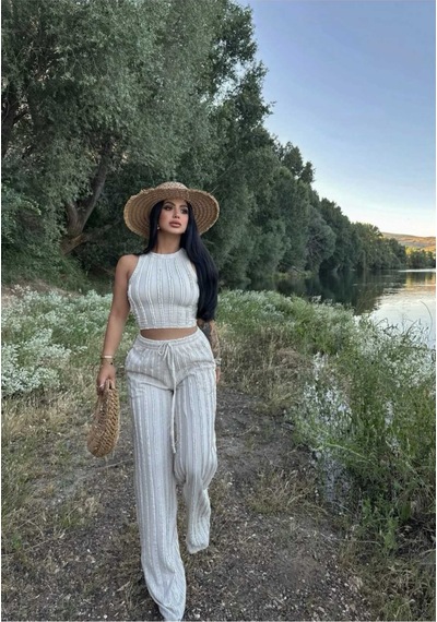 Evoa Kadın Bej Halter Yaka Crop & Bol Paça Pantolon Fırfır Detaylı Gagari Takım Bej Bej