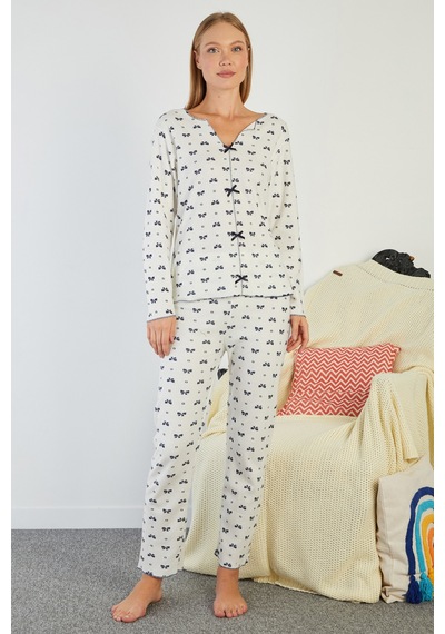 Fullamoda Fiyonk Desenli V Yaka Pijama Takımı Lacivert
