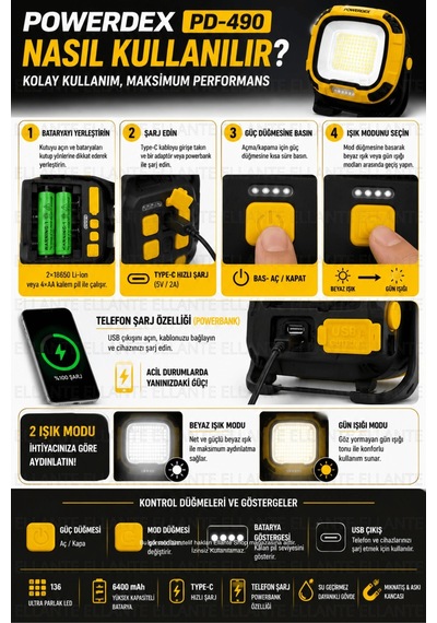 136 Led Şarjlı Projektör Fener 6400 Mah Type-c Usb Powerbank Özellikli Su Geçirmez Mıknatıslı Kamp Ş Çok Renkli