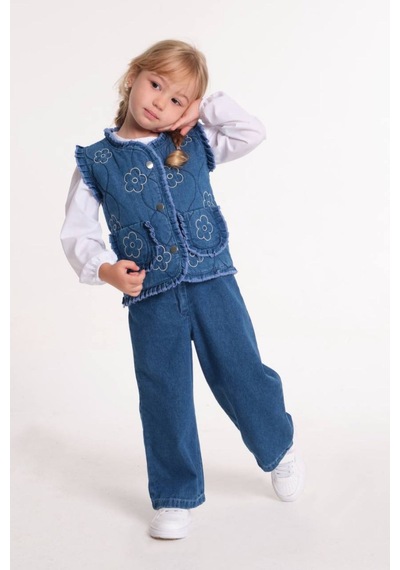 Le Petit Sole Kız Çocuk Yelek Gömlek Pantolon 3'lü Denim Takım Mavi