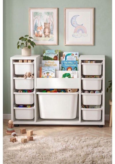 9 Sepetli Dolap Oyuncak Dolabı Çok Amaçlı Dolap Montessori Kitaplıklı Aden Beyaz
