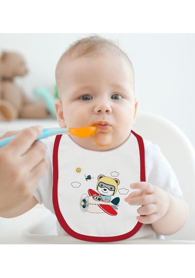 BK Kids Sevimli Pilot Tasarımlı Kırmızı Bebek Mama Önlüğü-1 Kırmızı