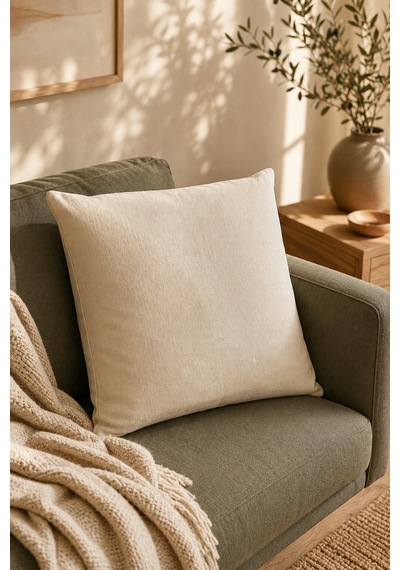 1 Adet Ham Bez Kırlent Kılıfı %100 Pamuk, Fermuarlı 44x44 Cm Dekoratif Yastık Kılıfı Bej-krem