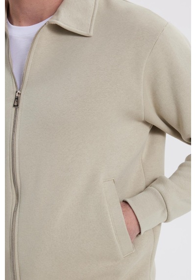 Tudors Unisex Relax Fit Rahat Kesim Pamuklu İçi Polarlı Fermuarlı Taş Polo Yaka Flato Cepli Sweatshirt Hırka-41969 Taş