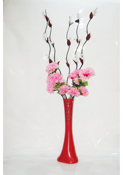 60 Cm Desenli Kırmızı Vazo Çiçekler