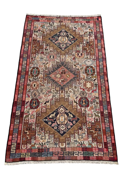 El Dokuma İran Şahseven Kilimi 113x190 Kırmızı Kök Boya %100 Yün Kilim Renkli