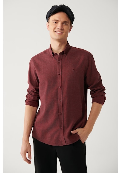Avva Erkek Bordo Düğmeli Yaka Balıksırtı Flanel Regular Fit Gömlek B002033 Bordo