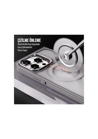 iPhone Uyumlu 14 Plus / 15 Plus Kamera Koruma Stantlı Magsafe Destekli Lens Koruyucu Telefon Kılıfı Gri
