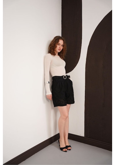 Verymoda Nakışlı Vual Şort D2821 Siyah