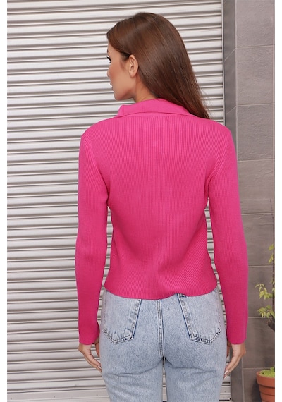 Aqe Fashion Çift Açılır Fermuarlı Polo Yaka Hırka Fuşya