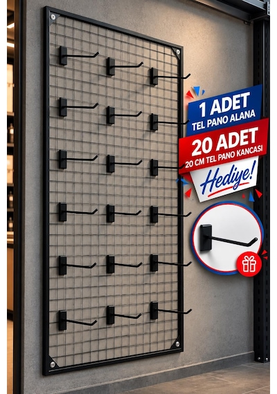 Sık Telli Tel Raf - Tel Pano Stand, Duvar Askılığı-20 Adet 20 Cm Tel Pano Kanca Hediyeli 75x200 Cm