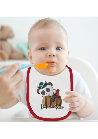BK Kids Kişiye Özel Sevimli Korsan Tasarımlı Kırmızı Mama Önlüğü Kırmızı