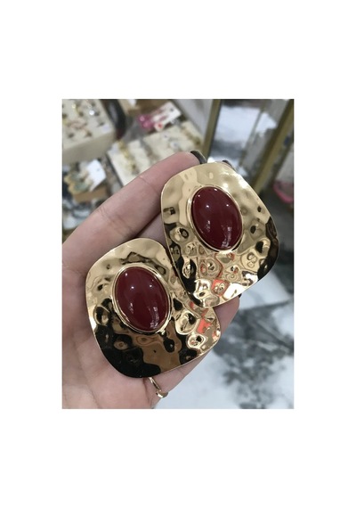 Gold Ezme Model Bordo Detaylı Zarif Küpe Altın