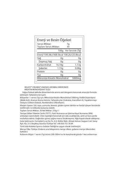 Kreatin Creabig 210gr 30 Servis Ananas Aromalı Creatine Monohydrate %100 Mikronize Aromasız