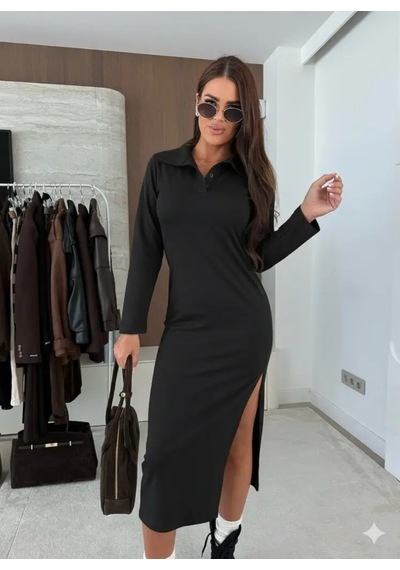Kadın Uzun Kollu Yakalı Yandan Yırtmaçlı Midi Modal Elbise Siyah