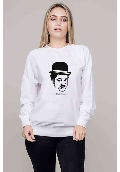 Charlie Chaplin Baskılı Beyaz Kadın Sweatshirt (528320394)