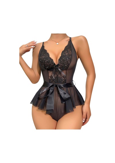 Lily Biancaa Kadın Dantelli Beli Kuşaklı Tül Babydoll Fantezi Gecelik Siyah