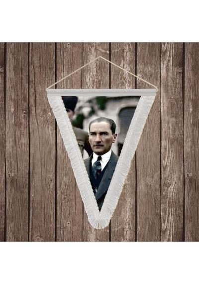 Mustafa Kemal Atatürk Portre Poster Beyaz Saçaklı Üçgen Flama Bayrak Hatıra Flama Ata38 Diğer