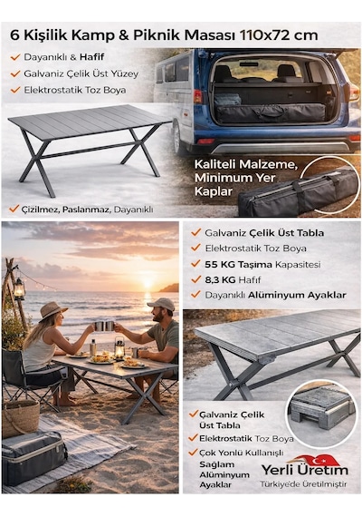 Ankabey06 Yerli 6 Kişilik Katlanabilir Kamp Masası 110x72 Cm Alüminyum Ayaklı Galvaniz Sac 55 Kg Taşıma Taşıma Çantalı Gri