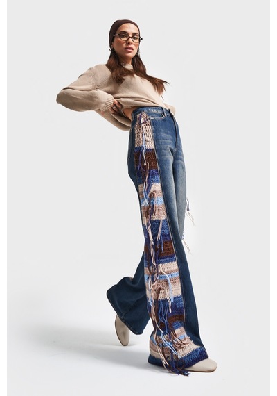 it's basic Kadın Kot Rengi 2w5-8 Flare Palazzo Fit Etnik Örme Detaylı Viskon Kumaş Özel Tasarım Denim Jean Mavi it's basic Kadın Kot Rengi 2w5-8 Flare Palazzo Fit Etnik Örme Detaylı Viskon Kumaş Özel Tasarım Denim Jean Mavi