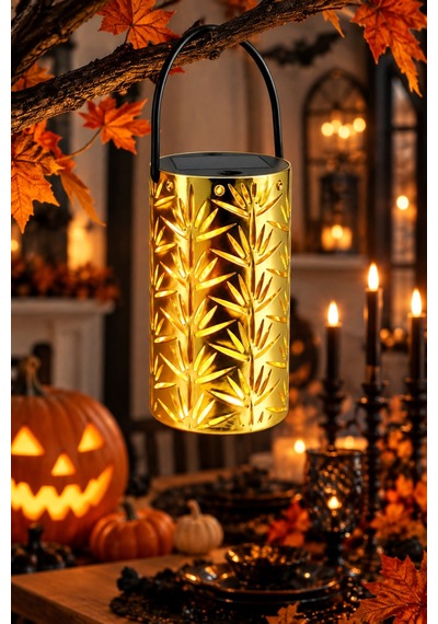 Gold Metal Yapraklı Askılı Pilli Led Fener Halloween Yılbaşı Ramazan Dekor Süsü 12,5 X 7,5 Cm Renkli