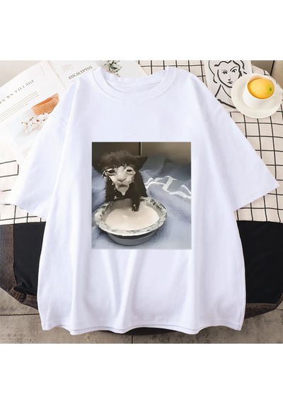 Flood Of Style Süt Yüz Kedi Meme Baskı T Shirt Garip Mizah Komik Kedi Grafik T-shirt Erkek Kadın Hip Hop Pam Beyaz