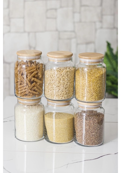 6 Lı Set Bambu Kapaklı Cam Kavanoz & Erzak Saklama Kabı 800 Ml Orta Boy Vakum Kapak Çok Renkli