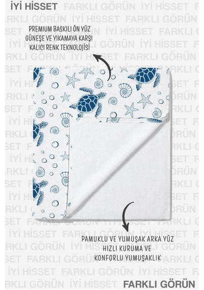 Deniz Kaplumbağası Temalı Marine Plaj Havlusu - Mavi Beyaz Nautical Hızlı Kuruyan Mikrofiber Havlu Çok Renkli