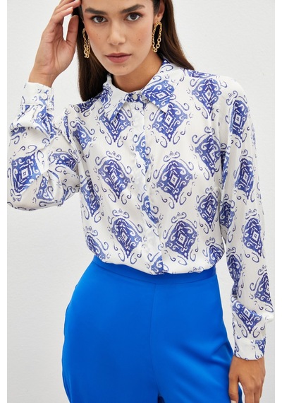 Sateen Desenli Düz Gömlek - Saks Mavisi-134815 Saks