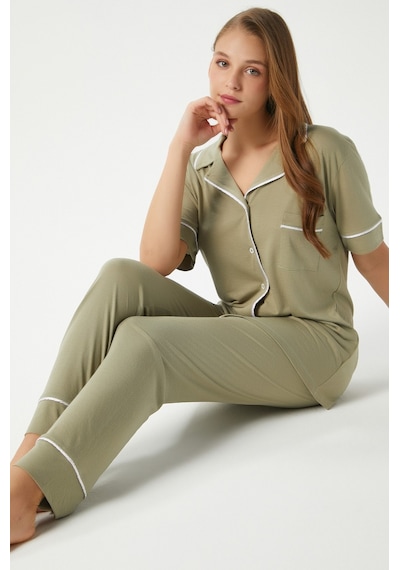 Ritnice Kadın Vanessa Viskon Ön Düğmeli Kısa Kol Biyeli Haki Alt Üst Pijama Takımı
