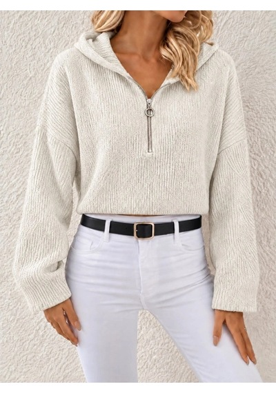 DefyModa Kapüşonlu Fermuarlı Dokulu Sweatshirt Beyaz