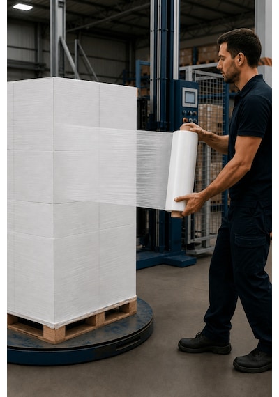 El Tipi Beyaz Streç Film Mobilya Eşya Koli Palet Paket Taşıma Sarma Koruma 40 Cm X 300 M 23 Mikron