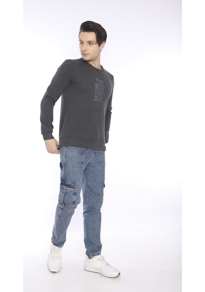 Escetic Erkek Spor Slimfit, Bisiklet Yaka Antresit Melanj Sweatsh