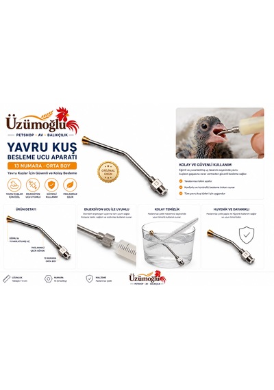 Yavru Kuş Besleme Ucu Aparatı 13 Numara Orta Boy Şırınga Uyumlu Paslanmaz Çelik