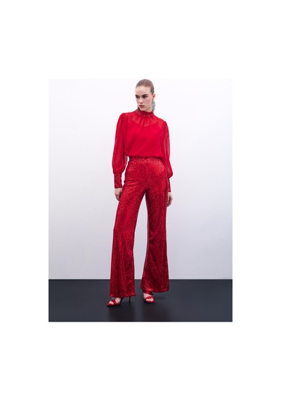 Sateen Payetli Salaş Pantolon - Kırmızı