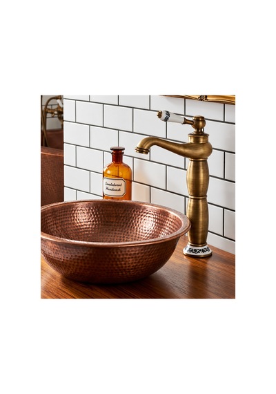 Rena Design Rustik Antik Çanak Lavabo Bataryası Banyo Yüksek Musluk Eskitme Porselen Işleme Armatür Otantik Bakır Retro Antik Eskitme