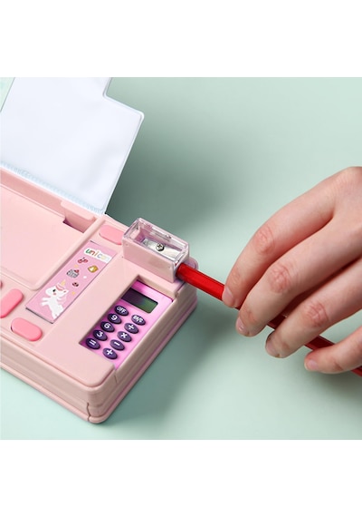 Çok Fonksiyonlu Kalem Kutusu Kalemlik Sevimli Uzay Unicorn Temalı Otomatik Kalemlik Hesap Makinesi Pembe