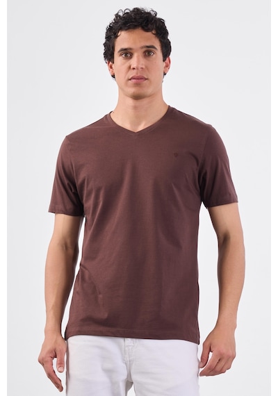Dufy Kahve V Yaka Pamuklu Düz Renk Slim Fit Erkek T-shirt Kahve