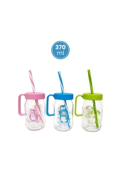 3'lü Pipetli Kulplu Cam Çocuk Meşrubat Bardağı Seti, Figürlü Süt Meyve Suyu Su Bardağı 3x370 Ml Şeffaf