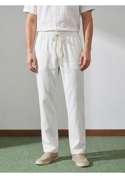 Danger Erkek Baggy Kalıp Beli Lastikli Pamuk Keten Görünümlü Pantolon Ekru 1007dngr