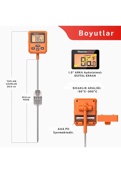 Thermopro Tp511 Uzun Problu Programlanabilir Alarmlı Geniş Ekranlı Pişirme Termometresi