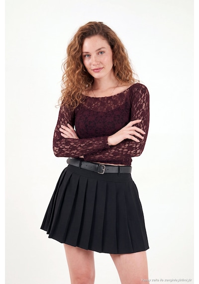 Lela Çiçek Desen Dantelli Kayık Yaka Bluz Kadın Bluz 5867118 Bordo