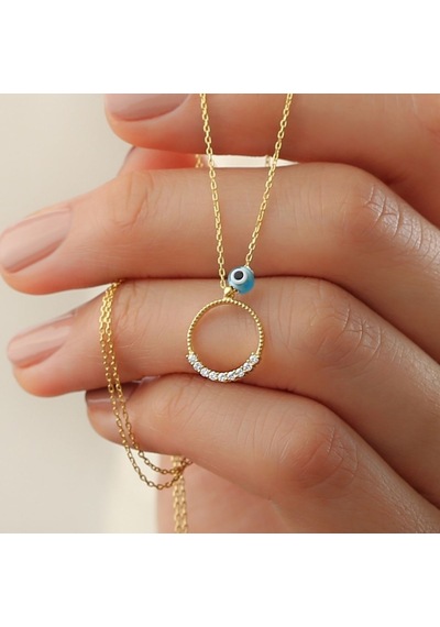 925 Ayar Gold Zirkon Taşlı Nazarlı Halka Gümüş Kolye