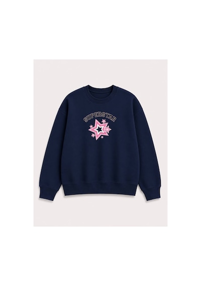 Herkesemoda Süperstar Baskılı 2 İplik Şardonlu Bisiklet Yaka Sweatshirt Lacivert