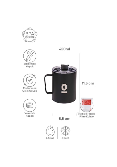 Paslanmaz Çelik Siyah Metal Kupa 420 ML Vakum Kapaklı Isı Yalıtımlı No:91
