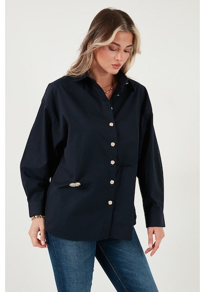 Lela Pamuklu Regular Fit Broş Detaylı Uzun Kollu Bayan Gömlek 6834990 Lacivert