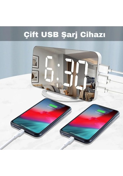 Aynalı Çift Usb'li Aynalı Masa Saati Alarm Dijital Ekran Duvar Saati Ev Ofis Parlıklık Ayarlı Beyaz Diğer